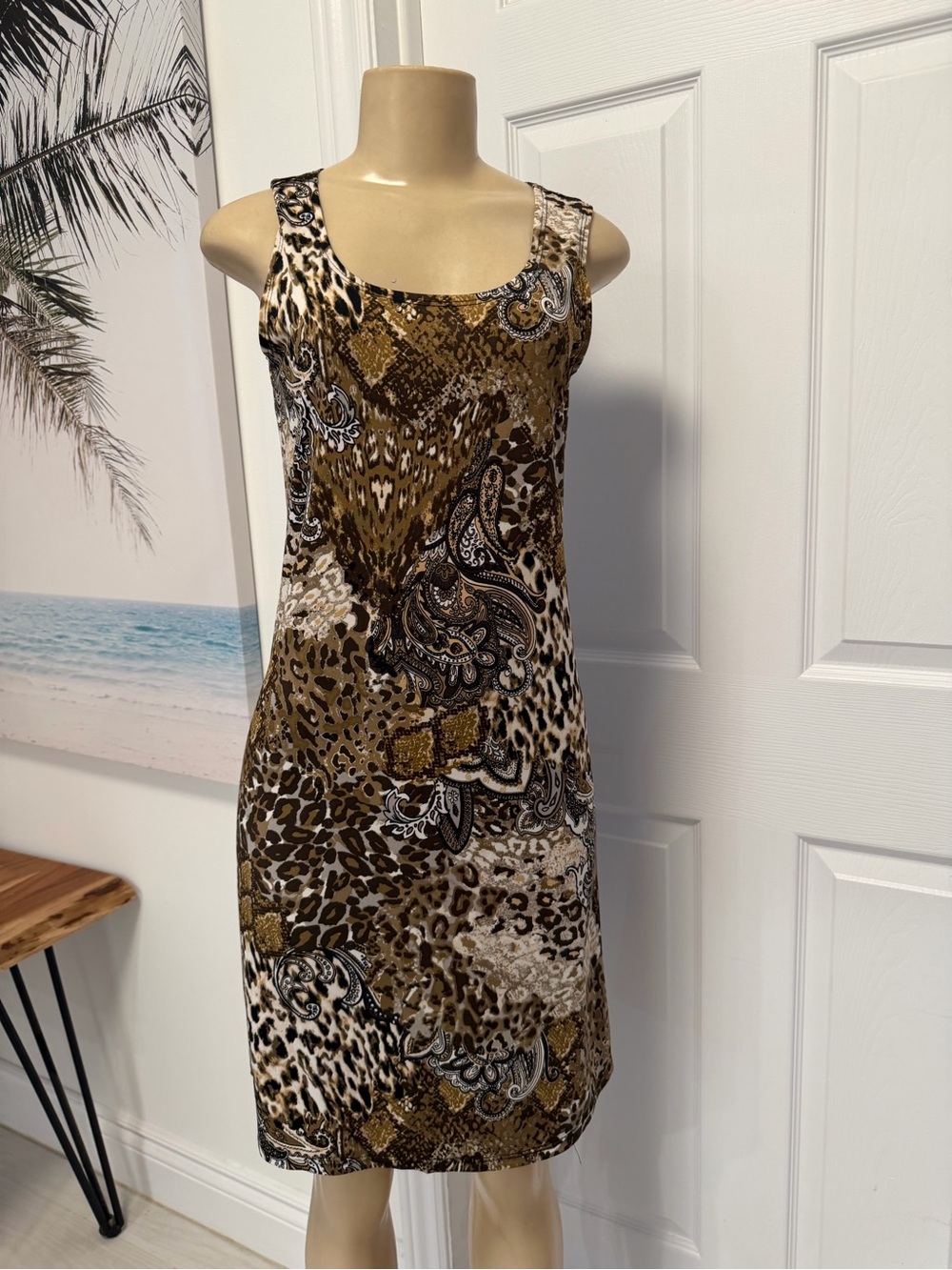 Sleeveless Animal Print Shift Dress in Brown